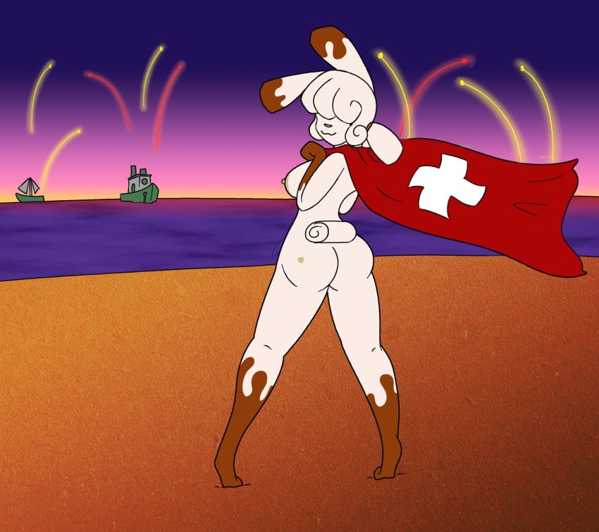 anthro ass beach birthmark breasts brown_body brown_fur deepfriedlasereyes female fireworks fur hair hair_over_eyes heart_marking hi_res lagomorph leporid mammal markings melly_(itsmemtfo4) nude outside public rabbit seaside solo swiss_flag switzerland twintails white_body white_fur white_hair