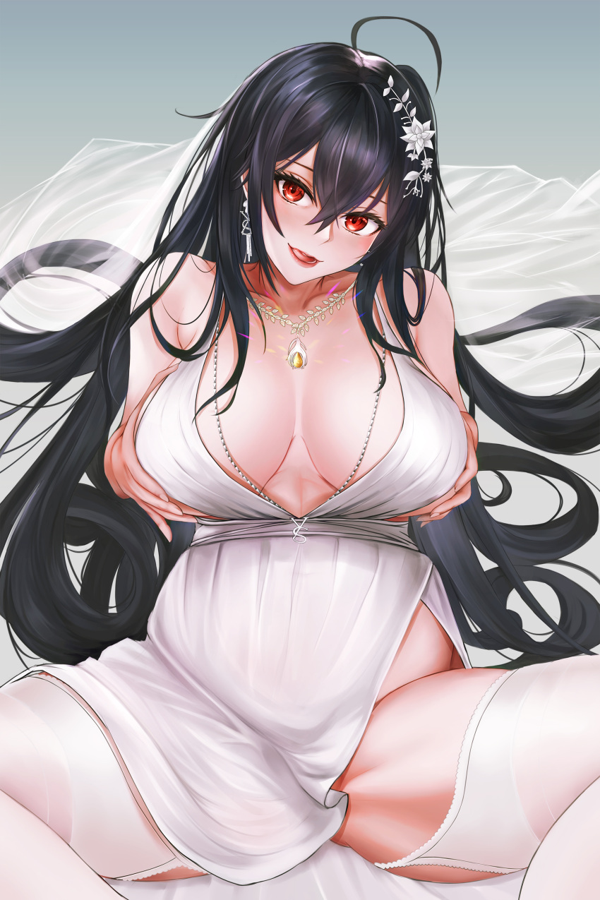 1girls absurdres azur_lane bangs bare_shoulders black_hair blush breasts breasts_apart crossed_bangs dress female hair_ornament highres jewelry large_breasts long_hair looking_at_viewer necklace open_mouth parted_lips red_eyes smile solo solo_female taihou_(azur_lane) thighhighs thighs white_dress white_legwear ytoy