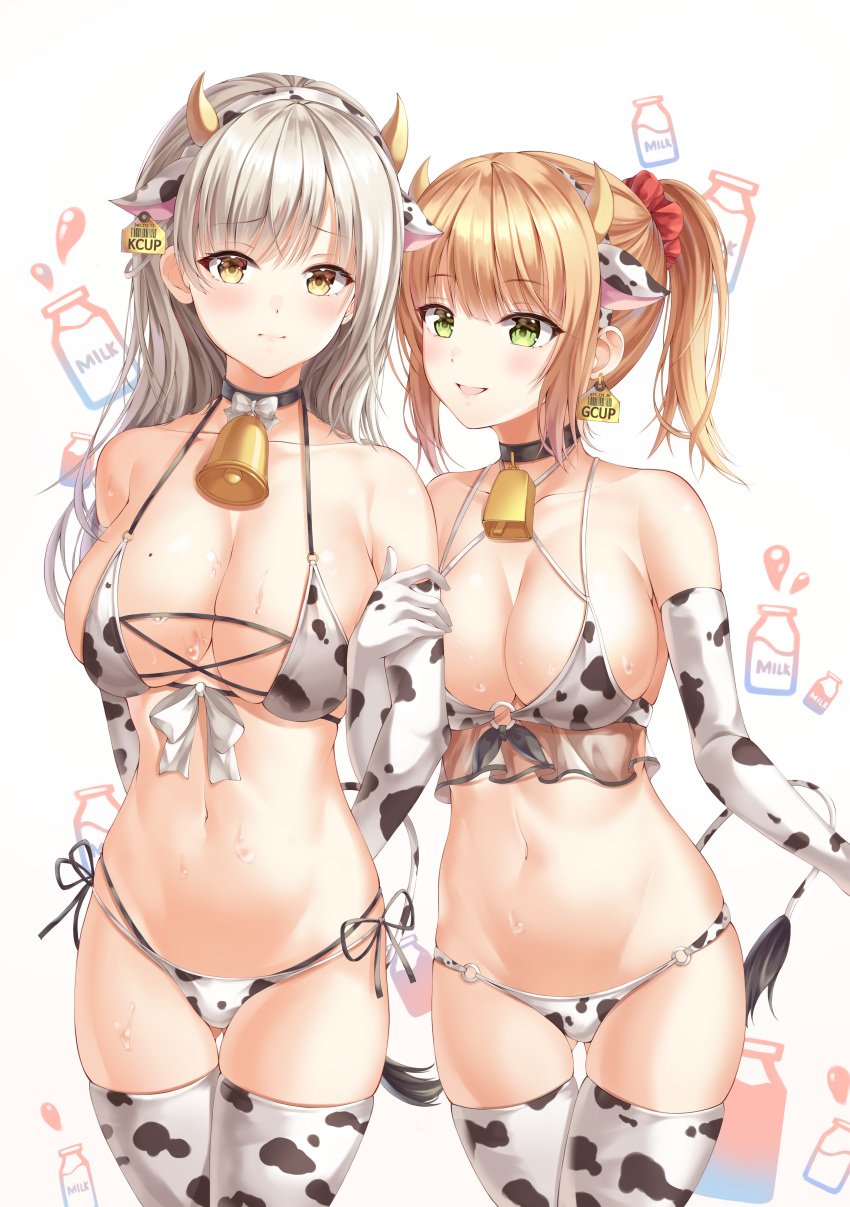 2girls absurdres animal_ears animal_print arm_hug armpit_crease bangs bare_shoulders bell bikini black_choker blonde_hair bnari breasts brown_eyes choker cleavage collarbone commentary cow_ears cow_horns cow_print cow_tail cowbell cowboy_shot ear_tag elbow_gloves english_commentary eyebrows_visible_through_hair fake_animal_ears fake_horns female front-tie_bikini front-tie_top gloves gluteal_fold green_eyes hair_ornament hair_scrunchie hairband halter_top halterneck highres horns large_breasts long_hair looking_at_viewer mole mole_on_breast multi-strapped_bikini multiple_girls navel neck_bell o-ring o-ring_bikini open_mouth original ponytail scrunchie side-tie_bikini silver_hair skindentation smile standing stomach string_bikini swimsuit tail thigh_gap thighhighs thighs wet white_background white_bikini white_gloves white_legwear