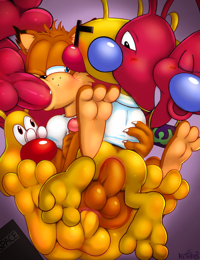 3_toes absurd_res anal anal_sex balls bobcat bubsy bubsy_(series) feet felid feline genitals group group_sex hi_res ket-ralus lynx male mammal penetration penis sex toes video_games woolies