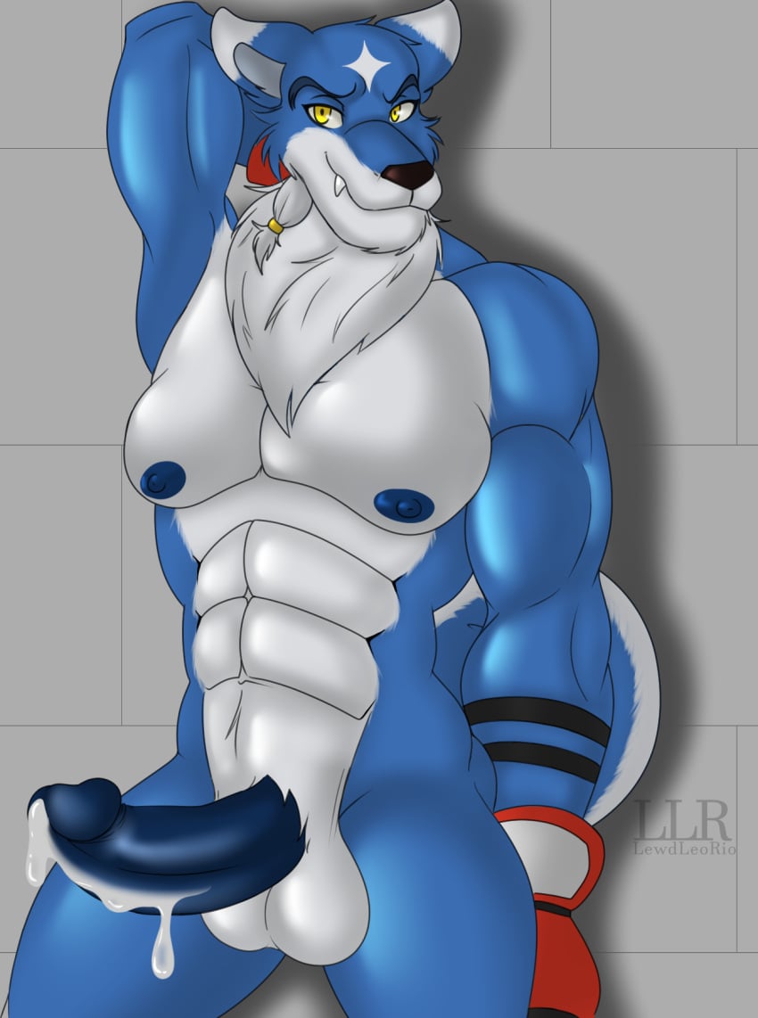 abs anthro balls bandai_namco blue_body blue_fur bodily_fluids canid canine canis clothing cum cum_drip digimon digimon_(species) dripping erection fur gaogamon genital_fluids genitals gloves hands_behind_back handwear hi_res klr-rio looking_at_viewer male male_focus male_only mammal multicolored_body multicolored_fur muscular muscular_anthro muscular_male nipples nude penis pose simple_background smile solo white_body white_fur