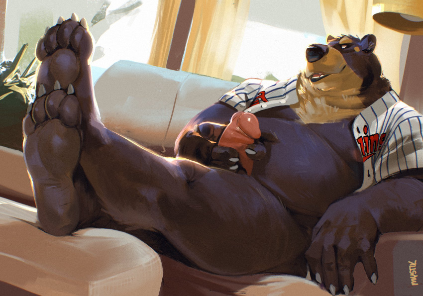 1boy 2021 4_toes 5_fingers anthro barefoot baseball_shirt baseball_uniform bear belly big_belly big_penis black_bear black_fur black_nose bottomless brown_body brown_fur claws clothing crossed_ankles crossed_feet day digital_media_(artwork) erection feet finger_claws fingers foot_focus fur furniture genitals hand_on_penis hi_res hindpaw indoors inside lamp legs_up looking_at_viewer male male_only mammal masturbation moobs mystikfox61 nico_(tanukidad) nipples on_sofa open_clothing open_shirt open_topwear ottoman overweight overweight_anthro overweight_male partially_clothed paws penile penile_masturbation penis pink_penis relaxing shirt shirt_only sitting sitting_on_sofa smile smiling smiling_at_viewer sofa soles solo sportswear tan_body tan_fur tan_muzzle thick_penis thick_thighs toe_claws toes topwear topwear_only uniform ursid ursine