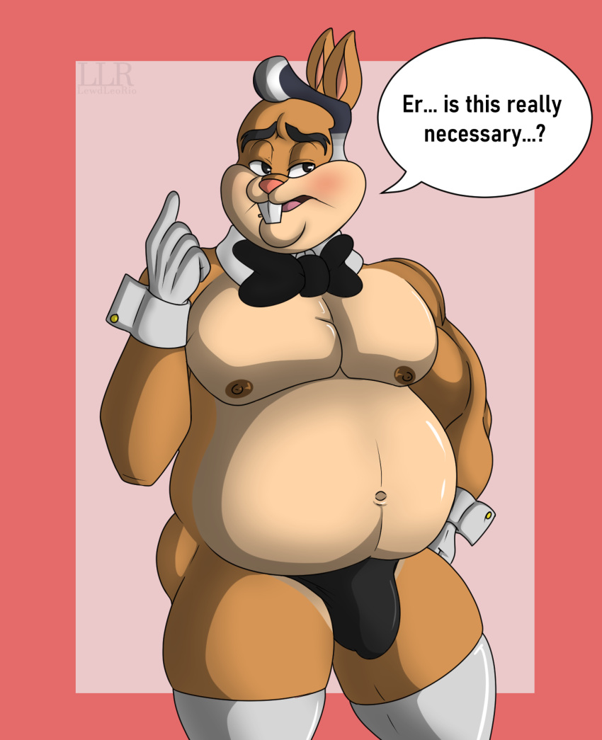 anthro belly big_belly blush bow_tie buckteeth bulge clothed clothing collar dialogue digital_media_(artwork) english_text gloves hair hand_on_hip handwear hi_res klr-rio lagomorph legwear leporid looking_away looney_tunes male male_focus male_only mammal nipples open_mouth overweight overweight_anthro overweight_male rabbit simple_background skimpy solo speech_bubble stockings teeth text thong underwear walter_bunny warner_brothers