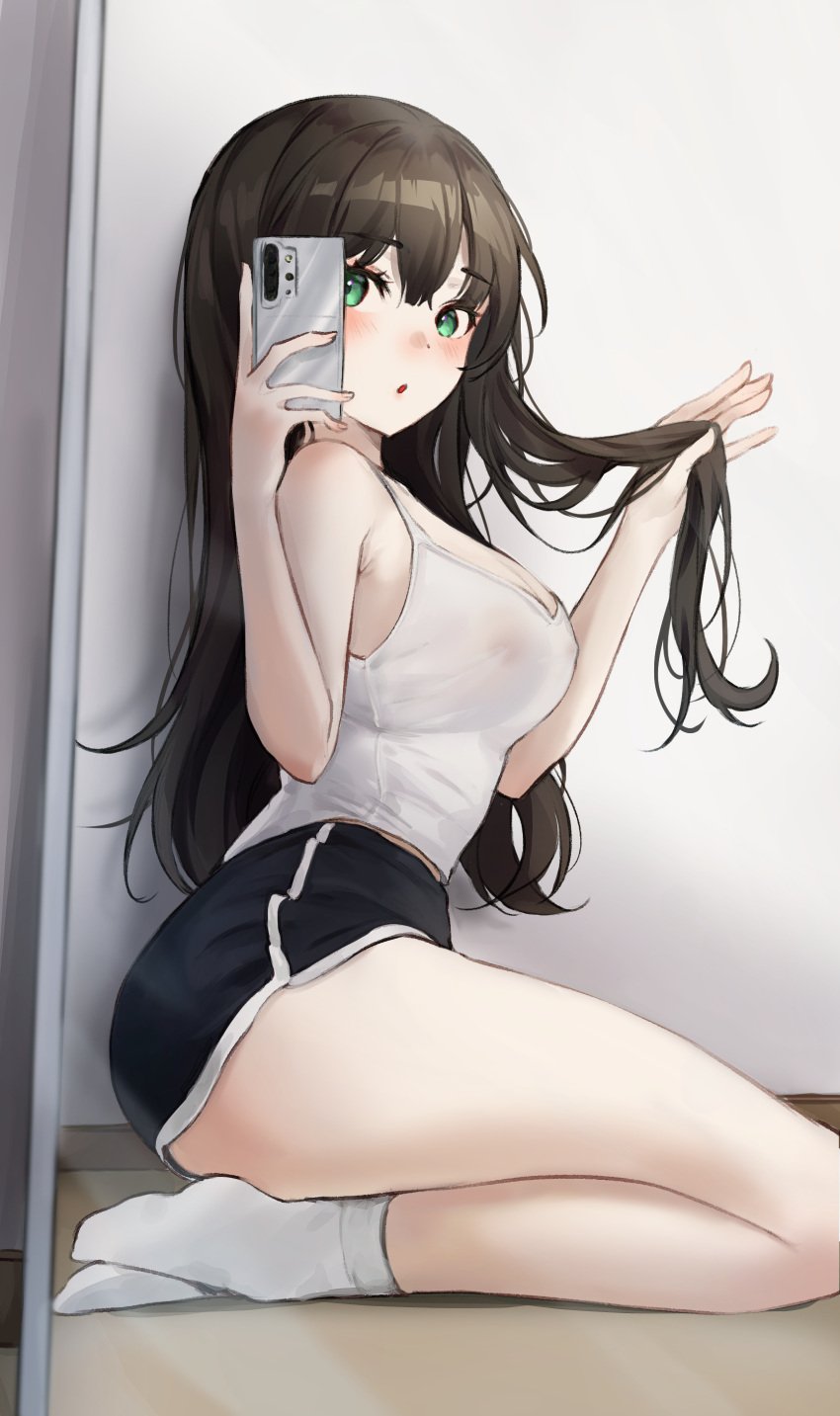 :o absurdres alternate_costume armpit_crease bare_legs black_hair blush breasts cellphone cleavage covered_nipples dolphin_shorts eyebrows_visible_through_hair female green_eyes highres holding holding_phone idolmaster idolmaster_cinderella_girls kneeling looking_at_viewer medium_breasts mirror_image nipple_outline nipples no_bra phone ravvit66 selfie shibuya_rin short_shorts shorts solo straight_hair tank_top white_tank_top