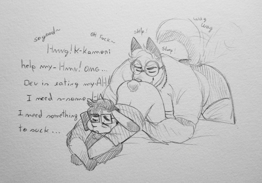 anal anthro biceps blush bottomless canid canine canis clothed clothing dialogue duo english_text eyewear fur glasses graphite_(artwork) hair hi_res lagomorph leporid lewd_bunnie male male/male mammal oral pencil_(artwork) rabbit rimming sex simple_background size_difference smile tail_motion tailwag text traditional_media_(artwork) wolf