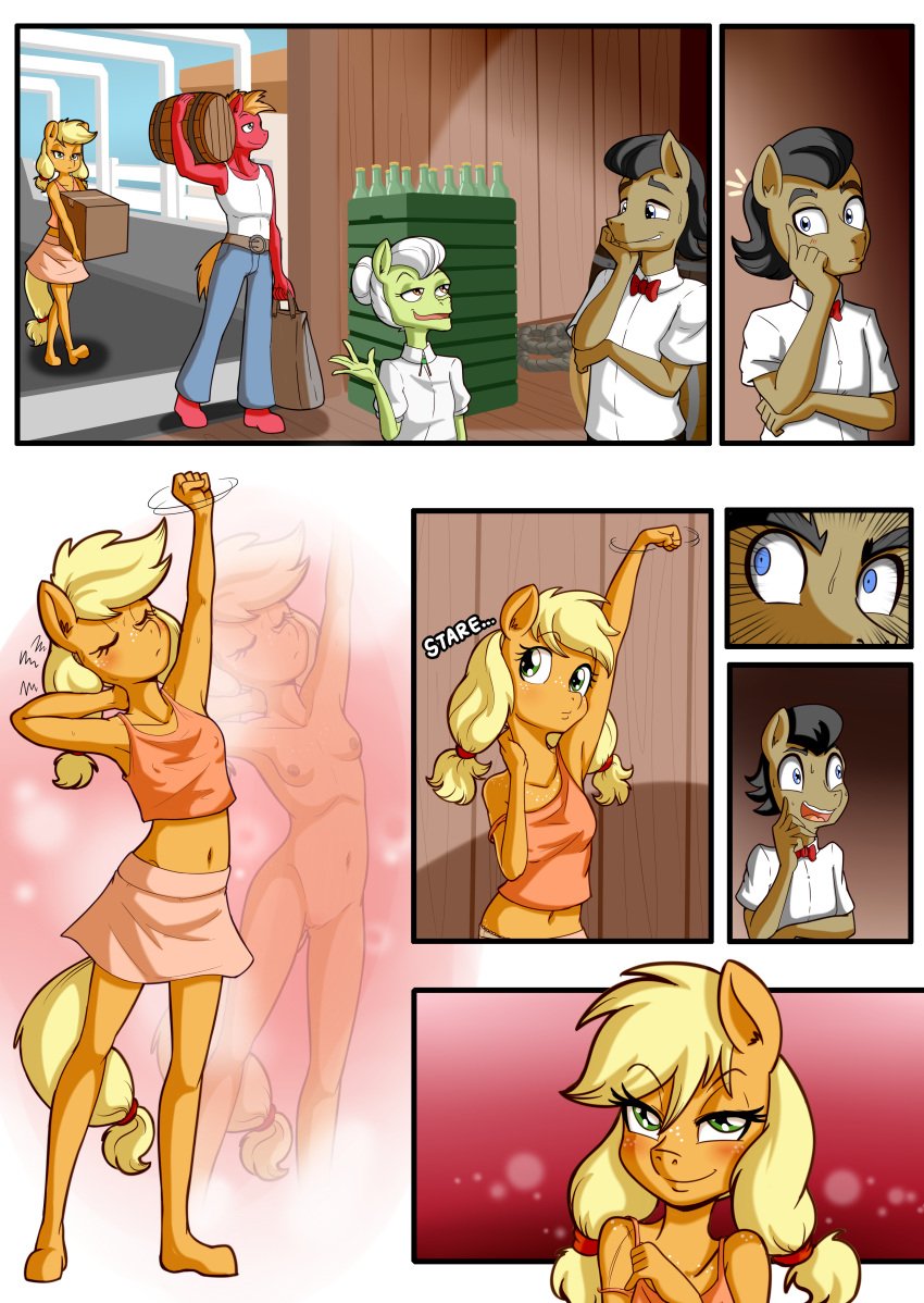 2021 absurd_res anibaruthecat anthro applejack_(mlp) barrel big_macintosh_(mlp) bottomwear box breasts brother brother_and_sister closed_eyes clothed clothing comic container equid equine eyelashes female filthy_rich_(mlp) freckles friendship_is_magic genitals granny_smith_(mlp) hasbro hi_res mammal midriff my_little_pony navel nipple_outline nipples nude pussy shirt sibling sister skirt small_breasts straight_hair tank_top teenager topwear young