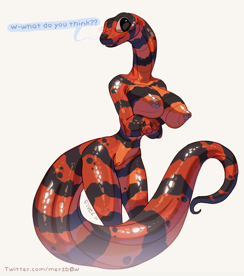 anthro athletic_female belly_scales big_breasts black_body black_scales breasts crossed_arms female fivel genitals hi_res long_neck nude pussy red_body red_scales reptile scales scalie snake solo