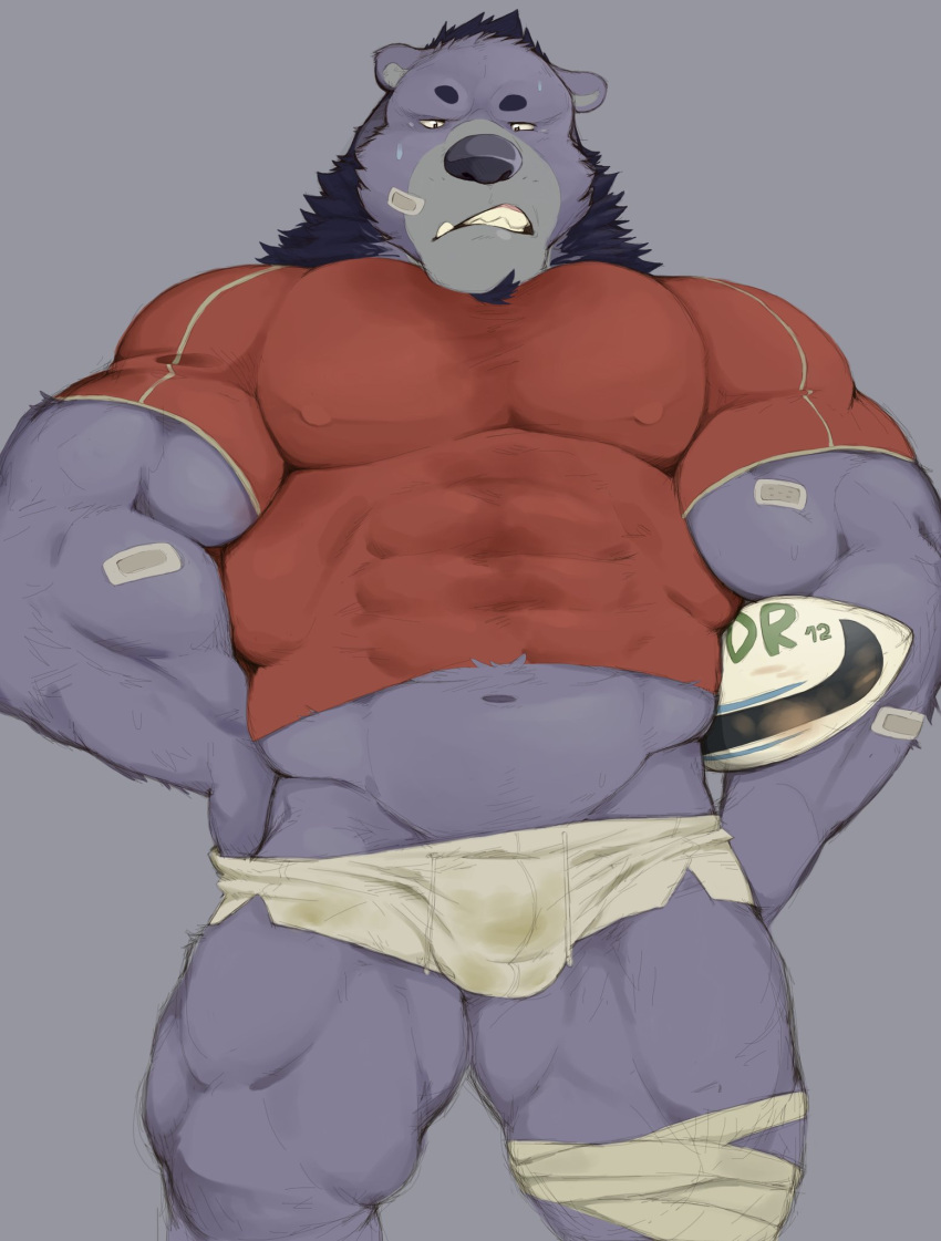 2017 anthro athlete bandage barazoku beard big_muscles black_hair black_nose bottomwear bulge clothing facial_hair fur grey_body grey_fur hair hi_res male mammal muscular muscular_anthro muscular_male no_humans rugby shorts solo thedragonred12 tight_clothing ursid