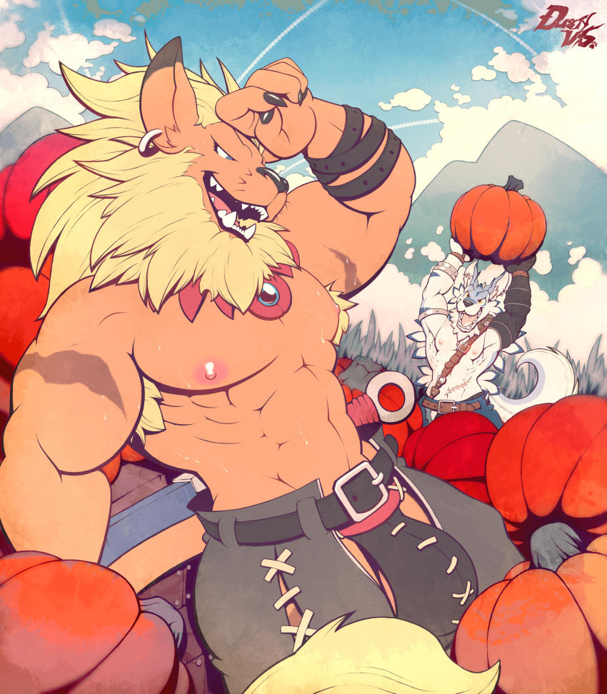 absurd_res armpit_hair bandai_namco beard blonde_hair blue_eyes body_hair bulge clothed clothing digimon digimon_(species) duo ear_piercing eddy_dusty facial_hair food fruit hair hi_res jockstrap leomon male male_only mane muscular nipples piercing plant pumpkin scar serratus smile topless underwear weregarurumon