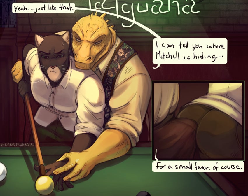 2021 anthro anthro_on_anthro ass ball bent_over big_bulge billiards blacksad bodily_fluids bottomwear bulge clothed clothing cutaway dialogue domestic_cat dress_shirt dry_humping duo english_text erection erection_under_clothing eyebrows felid feline felis hand_holding hi_res holding_object humanoid_hands iguanid imminent_sex inside inviting john_blacksad lizard looking_at_another male male/male male_only mammal muscular muscular_anthro muscular_male narrowed_eyes pants paulie_(blacksad) reptile scalie shirt sign signature smile standing sweat tenting text topwear vest vhkansfweer whiskers