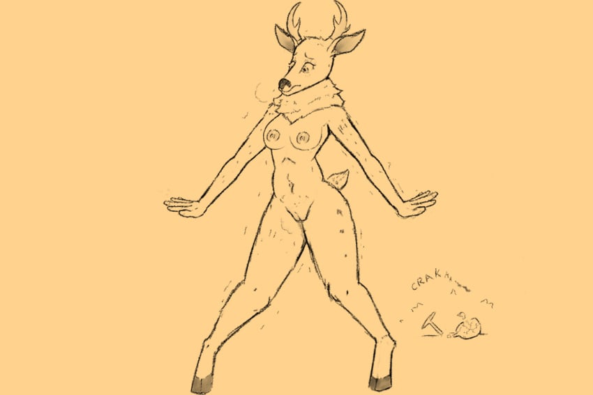 3:2 anthro antlers breasts broken_glass capreoline cervid container cup drinking_glass female genitals glass glass_container glass_cup holemann hooves horn mammal neck_tuft nipples nude onomatopoeia pussy reindeer shaking solo sound_effects text tuft wine_glass