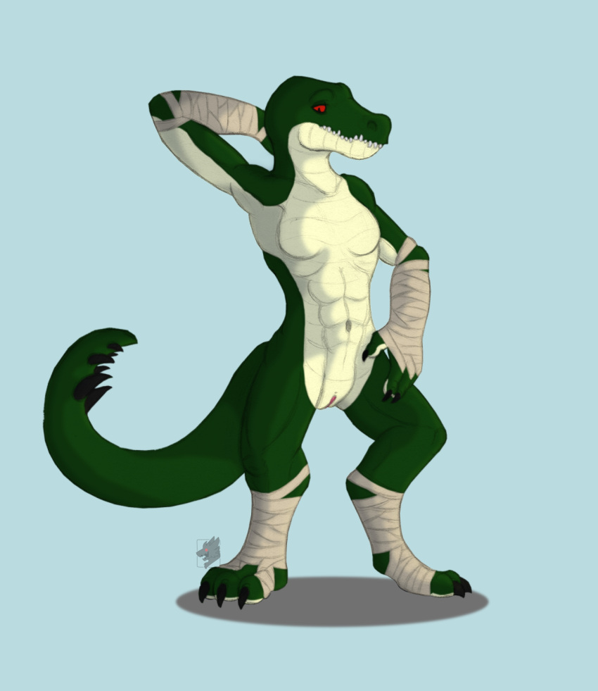 3_toes 4_fingers abs anthro armwear athletic athletic_anthro athletic_female bandage breasts claws clothing crocodilian featureless_breasts feet female fingers footwear genitals green_body green_scales hand_behind_head hand_on_leg hand_on_thigh hi_res kobold multicolored_body navel no_nipples presenting presenting_breasts pussy raised_arm red_eyes reptile sahznir_(delinquentis) scales scalie sillywerwolf small_breasts solo teeth thong toes underwear white_body white_scales wraps