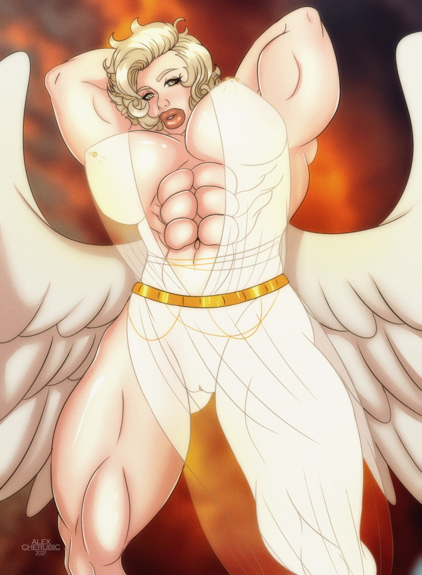 1girls abs alexcherubic angel angel_wings biceps big_lips blonde_hair breasts female female_focus female_only green_eyes jewelry muscle muscles muscular muscular_arms muscular_female muscular_legs navel nipples nude nude_female original original_character pierced_nipples piercing pussy short_hair solo solo_female solo_focus straight_hair wings