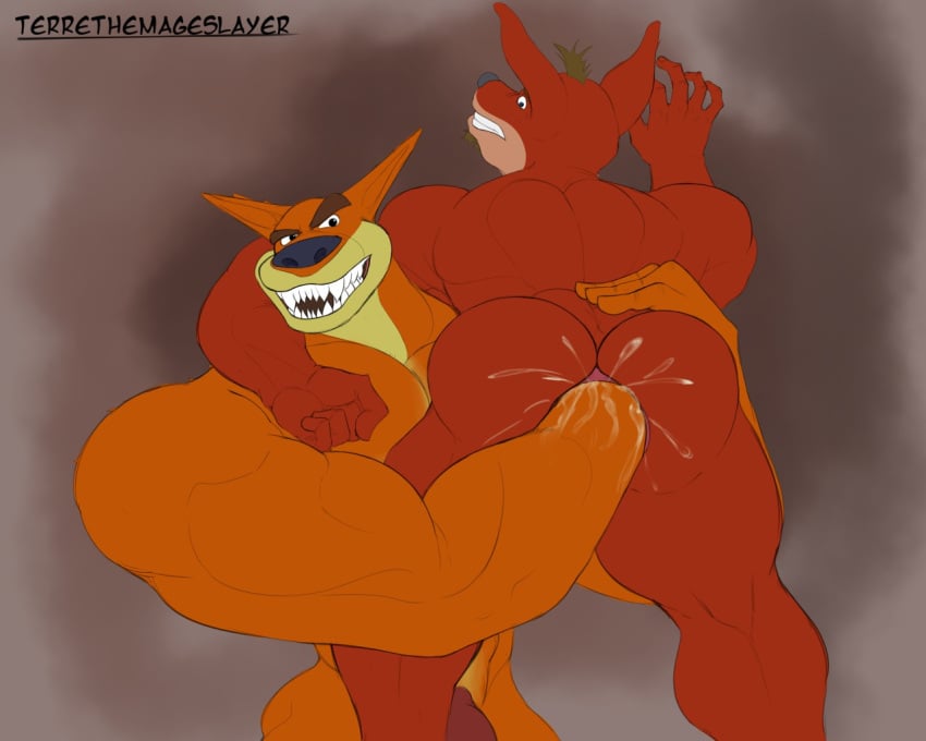 2020 2boys 5:4 activision anal anal_fisting anal_juice anthro anthro_on_anthro anus ass bandicoot bara big_butt big_muscles bodily_fluids brown_background carrying carrying_over_shoulder clenched_teeth crash_(series) crunch_bandicoot dasyuromorph duo eyebrows fisting fu furry furry_only gay gradient_background hair lube male male/male male_only mammal marsupial muscular muscular_anthro muscular_male nude open_mouth open_smile simple_background smile standing teeth terrethemageslayer thick_thighs thylacine tiger tiny_tiger video_game video_games yaoi