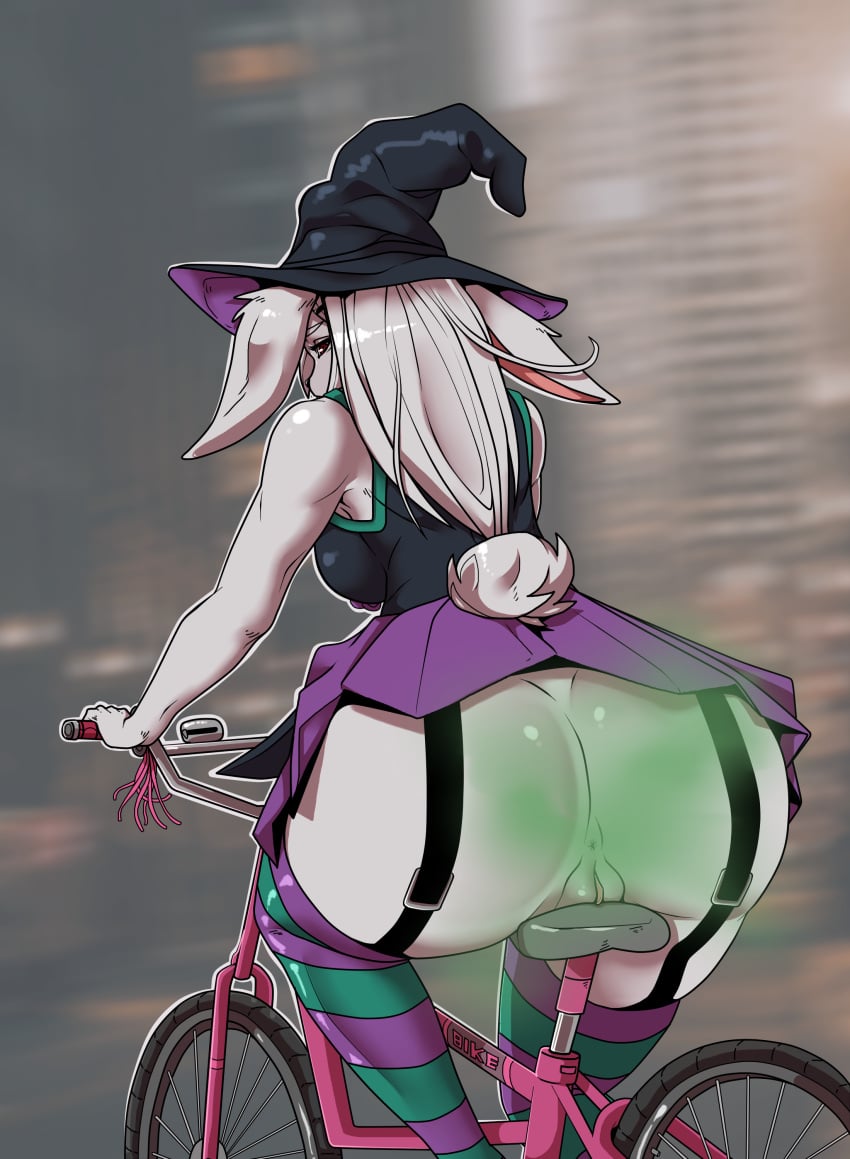 albino anus bike bunny_girl fart female furry solo upskirt vaginal_penetration white_body white_fur wide_hips witch_costume witch_hat yonooshi