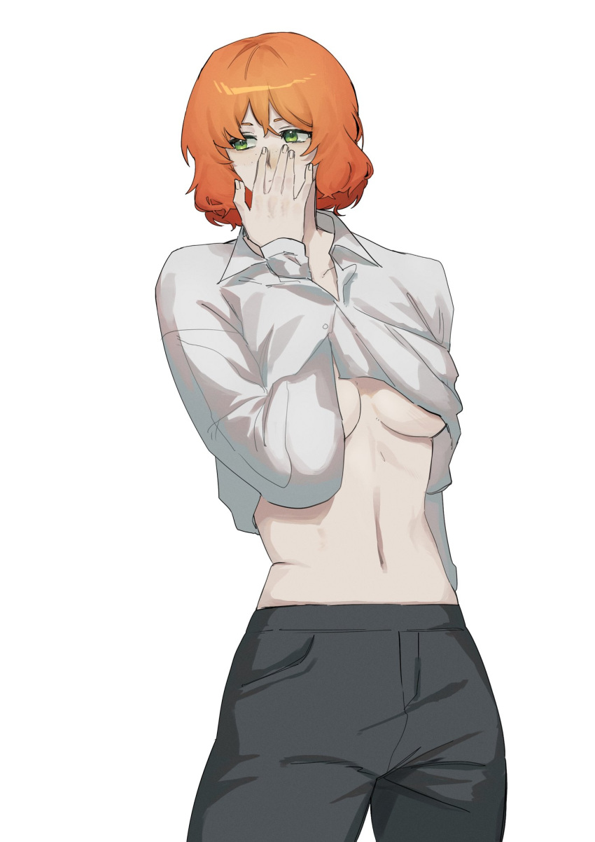 1girls artist_request clothing female female_only ginger ginger_hair green_eyes ishmael_(limbus_company) limbus_company medium_breasts orange_hair pale-skinned_female pale_skin project_moon shirt shirt_lift short_hair tagme