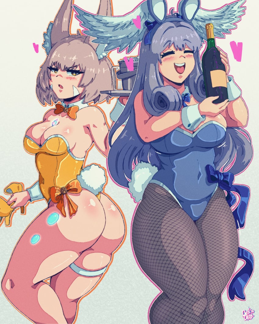 2girls alcohol annoyed ass benbeau black_pantyhose blue_hair blue_leotard blush bottle breasts champagne champagne_bottle closed_eyes core_crystal fake_animal_ears fishnets grey_background large_breasts long_hair looking_at_viewer looking_back medium_breasts melia_antiqua multiple_girls nia nia_(xenoblade) open_mouth pantyhose rabbit_ears rabbit_tail short_hair smile thick_thighs xenoblade_(series) xenoblade_chronicles_3 yellow_eyes