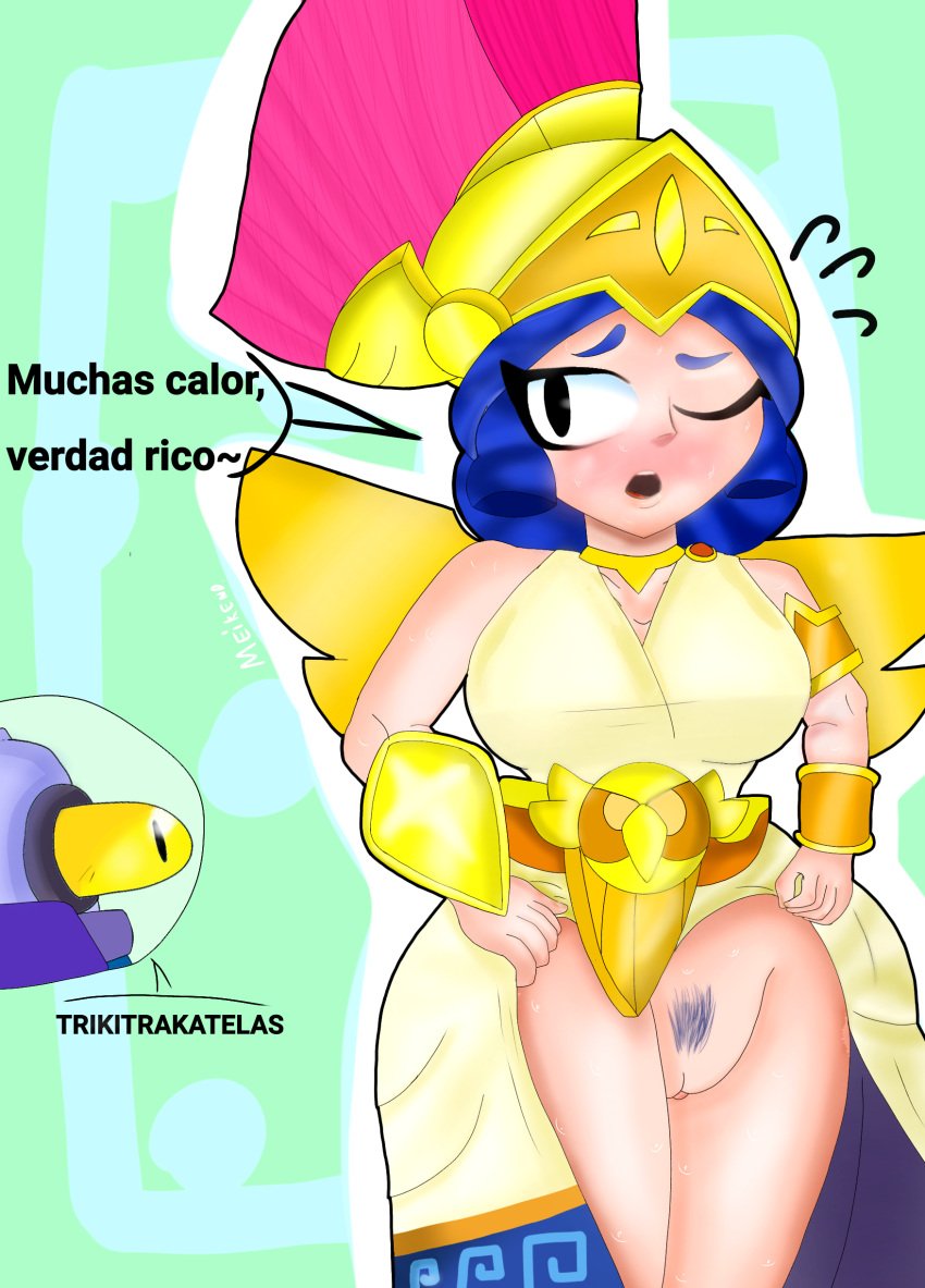 athena_piper_(brawl_stars) bad_anatomy big_ass big_breasts big_butt blush brawl_stars gold greek_mythology green_background meikend piper_(brawl_stars) pussy pussy_hair rico_(brawl_stars) spanish_text supercell surprised_look sweatdrop very_hot video_games