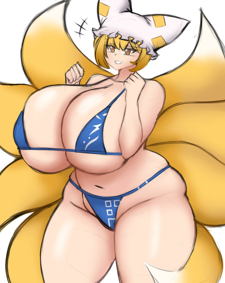 1girls bikini blonde_hair blue_bikini fox_tail huge_breasts kitsune mob_cap motion_lines ran_yakumo shikigami smile suomii thick_thighs touhou