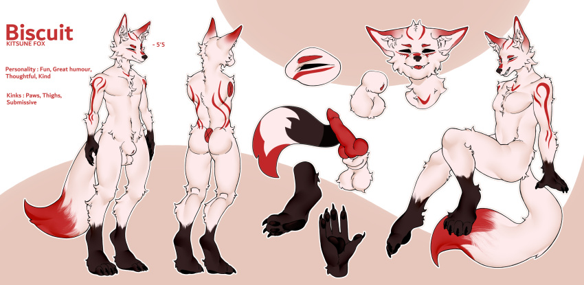 absurd_res animal_genitalia animal_penis anthro biscuit_(disambiguation) canid canine canine_genitalia canine_penis fan_character fluffy fluffy_tail fox genitals hi_res male mammal model_sheet pawpads paws penis sheath solo stripes tail white_body