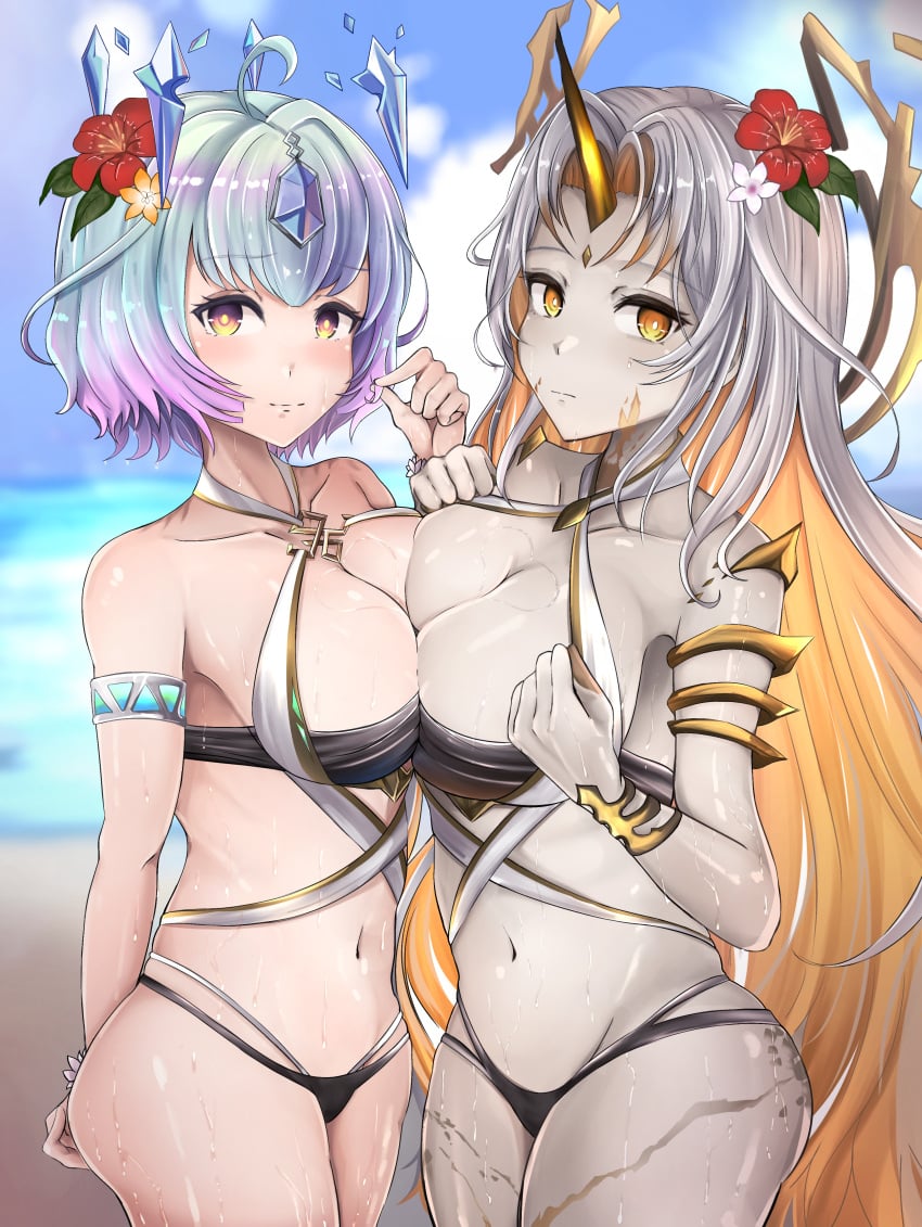 2girls absurdres alternate_costume asymmetrical_docking beach bikini black_bikini black_swimsuit breast_press breasts cleavage colored_skin fire_emblem fire_emblem_heroes flower grey_skin gullveig_(fire_emblem) gullveig_(summer)_(fire_emblem) hair_flower hair_ornament highres horns large_breasts long_hair medium_breasts multicolored_hair multiple_girls nenemu0 nintendo ocean outdoors seidr_(fire_emblem) seidr_(summer)_(fire_emblem) short_hair single_horn swimsuit white_bikini white_swimsuit yellow_eyes