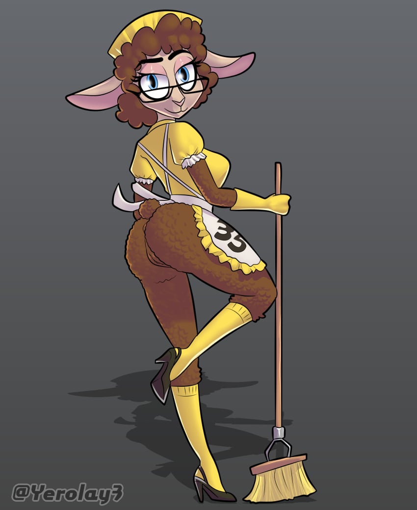 anthro ass blue_eyes bovid broom brown_body brown_fur caprine cleaning_tool clothing doomverse eyewear female footwear fur genitals glasses gloves handwear hi_res high_heels lolcow looking_at_viewer looking_back maid_uniform mammal oveja_(doomverse) pussy sheep socks solo uniform yellow_clothing yellow_footwear yellow_socks yerolay youtube_avatar youtube_hispanic