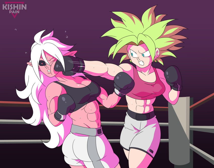 2girls abs android_21 android_21_(evil) athletic athletic_female belly_button black_sclera blue_eyes boxing boxing_gloves boxing_match boxing_ring boxing_shorts dragon_ball dragon_ball_fighterz dragon_ball_super dragon_ball_z fit fit_female fusion kefla kefla_(dragon_ball) kishinpain long_hair majin_android_21 medium_breasts muscular_arms muscular_female navel pointy_ears punch punching red_eyes ryona six_pack spiked_bracelet spiky_hair sports_bra sports_shorts super_saiyan sweat