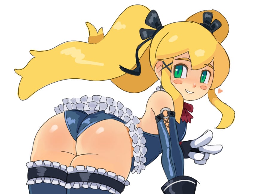 1girls ass ass_focus blonde_hair capcom drawfag female female_focus flat_chest frills gloves green_eyes lingerie long_hair looking_back marie_rose_(cosplay) mega_man mega_man(classic) peace_sign ribbon roll simple_background smile twintails underwear v white_background