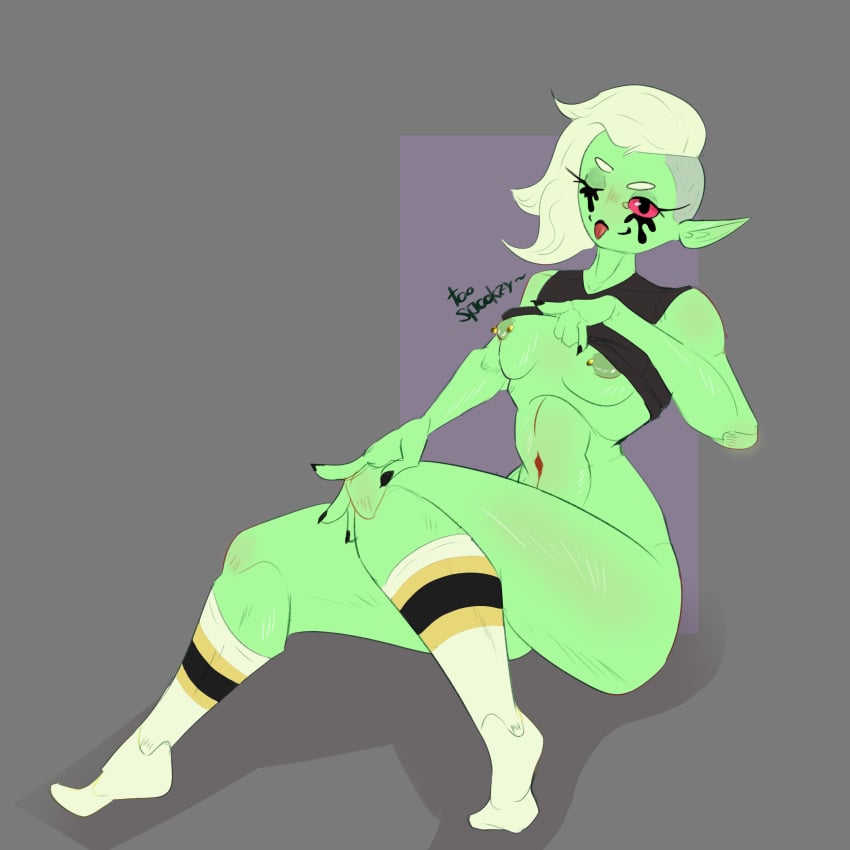 abs disney disney_channel disney_xd fanart flashing flashing_breasts green_eyes green_skin lord_dominator monster_girl nipple_piercing nipples no_panties pulling_up_shirt socks tomboy toospookzy undercut wander_over_yonder