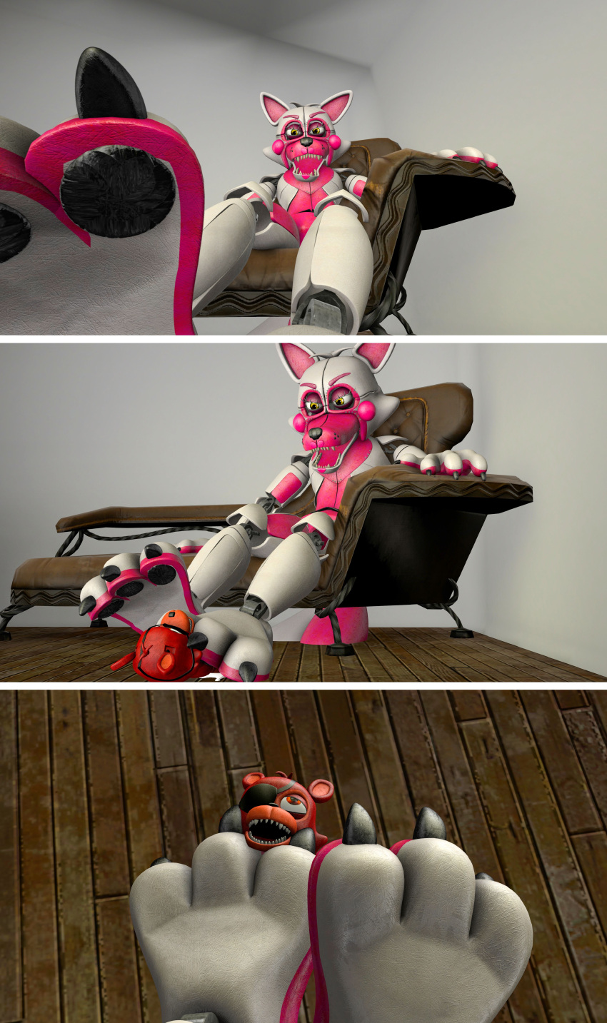 3_toes 3d_(artwork) absurd_res adventure_foxy_(fnaf) ambiguous_gender animatronic anthro bodily_fluids claws comic cum cum_on_ground digital_media_(artwork) english_text feet five_nights_at_freddy's foot_fetish foot_play funtime_foxy_(fnaf) funtime_foxy_(fnafsl) genital_fluids genitals hi_res hindpaw machine macro_domination male male_only orgasm orgasm_face pawpads paws penis pinned robot sex size_difference source_filmmaker text toe_claws toes under_paw video_games