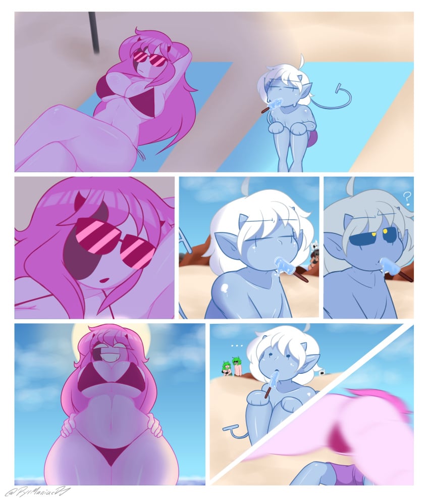 artist_name artist_signature background_characters background_sex beach beach_towel bikini comic_page commission commission_art couple couple_(romantic) deltarune demon_horns friday_night_funkin friday_night_funkin_mod grey_hair imminent_sex imp imp_tail jevil_(deltarune) laying_on_ground light_blue_skin lunging married_couple mid-fight_masses mid_fight_masses more_at_source o_o pink_bikini pink_hair pink_skin popsicle pyromaniacdj sand sarvente_(dokki.doodlez) sitting smiling staring_at_partner succubus summer sunglasses taller_female yellow_eyes