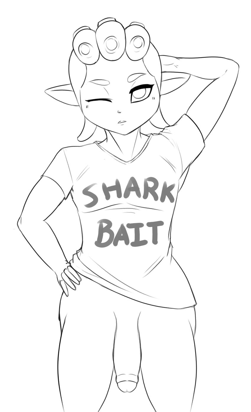 black_and_white bottomless dark-skinned_femboy dark-skinned_male dark_skin femboy flaccid_penis gay grower_not_a_shower male male_only octoling octoling_boy one_eye_closed phyra_(octoling) sketch sleepy solo_male splatoon t-shirt yawn