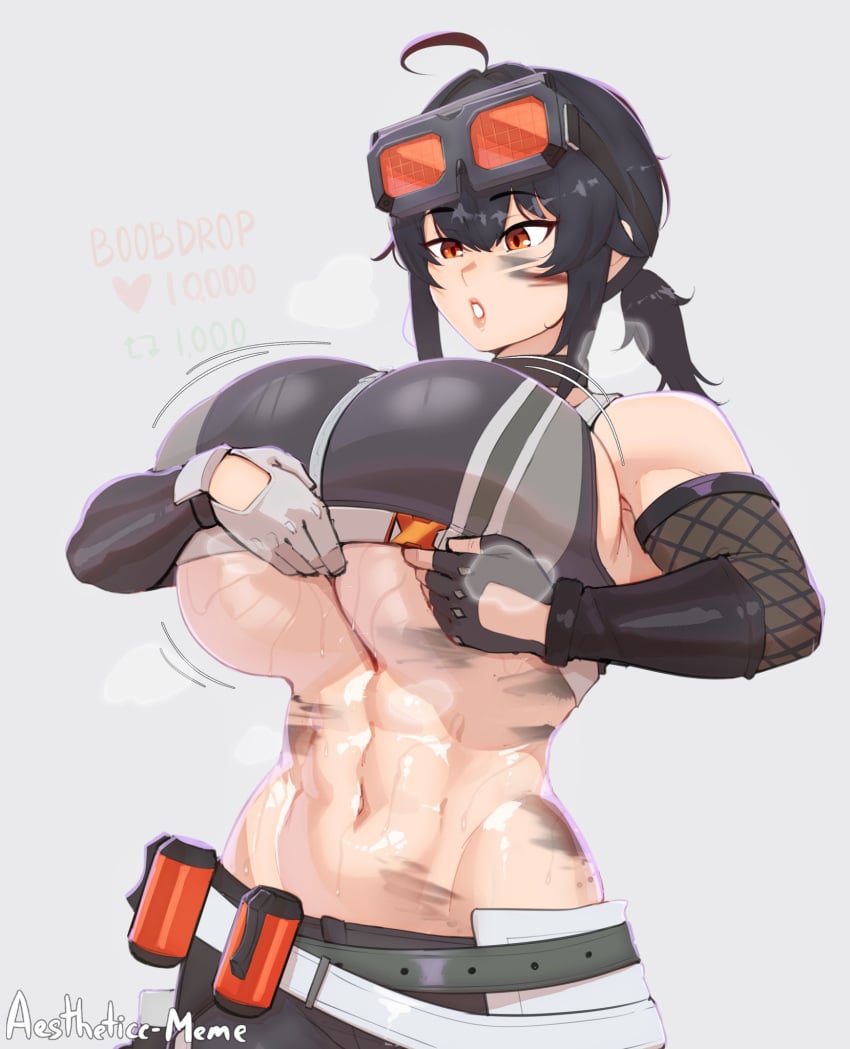 1female 1girls abs aestheticc-meme artist_name big_breasts black_hair breasts clothed clothed_female clothing female fingerless_gloves fit fit_female gloves goggles goggles_on_head grace_howard grease grease_stains light-skinned_female light_skin midriff muscular_female ponytail shirt shirt_lift solo solo_female steam sweat sweaty sweaty_breasts underboob zenless_zone_zero