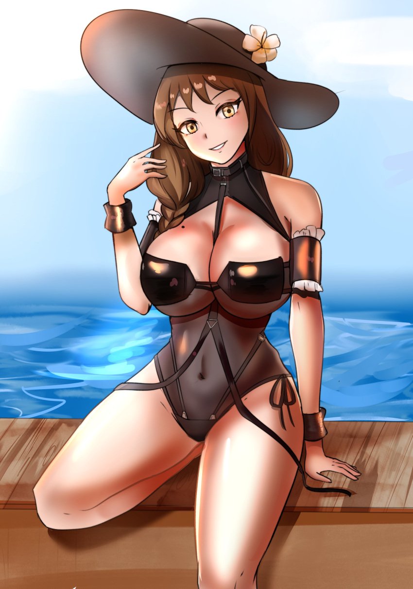 alternate_costume bikini black_bikini black_swimsuit bodystocking breasts female female_only fire_emblem fire_emblem_engage goldmary_(fire_emblem) looking_at_viewer nintendo solo swimsuit zipperqr