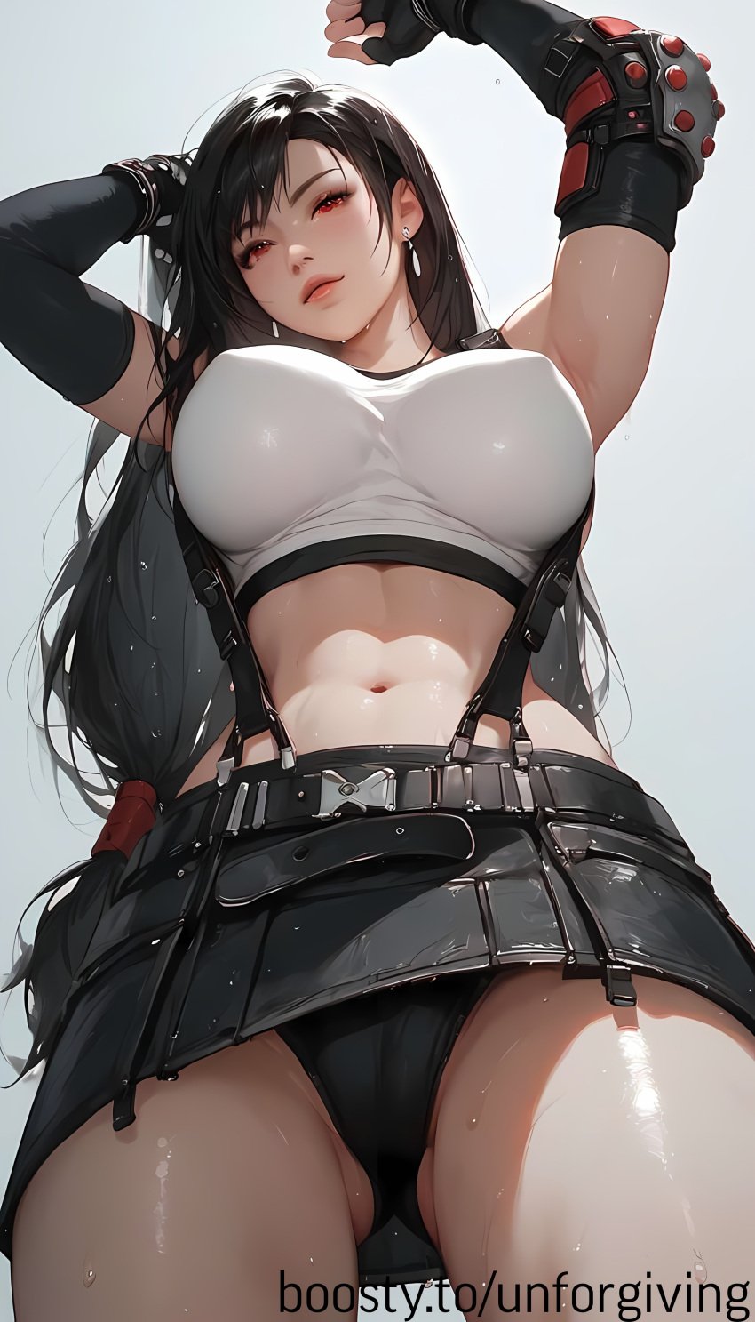 ai_generated belly black breasts covered_nipples crop_top final_fantasy hips large_breasts navel panties skirt sweat sweatdrop tifa_lockhart unforgiving upskirt water_drop wet