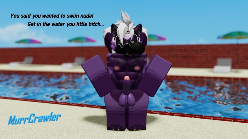 3d 3d_(artwork) character dominant_male erection gas_mask gay kaiju_paradise male murrcrawler muscular muscular_male outside pool poolside roblox roblox_game robloxian self_upload skunk speech spunky_(kaiju_paradise) text thick_thighs twitter_username