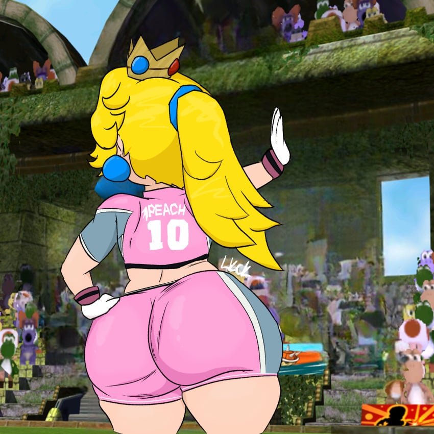 1girls ass ass_focus back_view behind_view big_ass blonde_hair canonical_scene female football football_uniform from_behind jersey large_ass leekcheek mario_(series) mario_strikers mario_strikers_peach_back_view_redraw_(meme) pink_shorts ponytail princess_peach soccer soccer_uniform solo solo_focus thick thick_thighs uniform