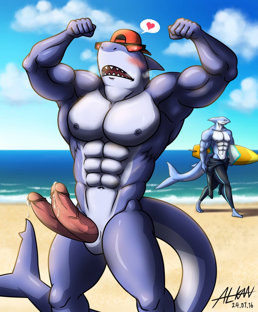 2_penises abs absurd_res alkan anthro beach big_pecs big_penis blue_body bodily_fluids bottomwear clothed clothing cum diphallia diphallism duo epic_games erection eyewear fish flexing fortnite genital_fluids genitals hat headgear headwear hi_res male male/male male_only marine multi_genitalia multi_penis multicolored_body muscular muscular_anthro muscular_male navel nipples nude nude_anthro nude_male open_mouth pecs penis pink_penis safety_first_steve_(fortnite) shark sunglasses swimwear swimwear_only teron_(alkan) topless topless_anthro topless_male two_tone_body