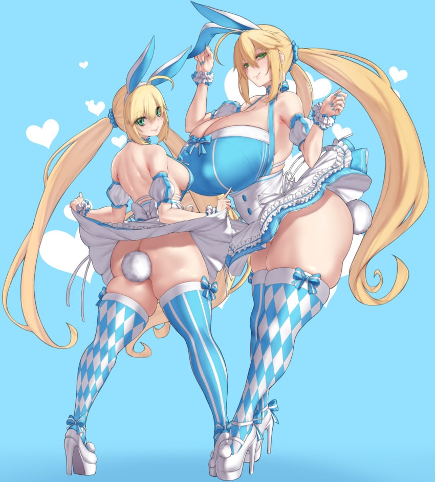 2girls ahoge anal_tail animal_ears argyle_clothes argyle_legwear artoria_caster_(fate) artoria_caster_(swimsuit)_(fate) artoria_caster_(swimsuit)_(second_ascension)_(fate) artoria_caster_(swimsuit)_(second_ascension)_(fate)_(cosplay) artoria_pendragon_(fate) artoria_pendragon_(lancer)_(fate) ass aster_crowley bare_shoulders blonde_hair blue_dress blue_thighhighs blush breasts bunny_ears cleavage cosplay dress fake_animal_ears fake_tail fate/grand_order fate_(series) full_body green_eyes hairband high_heels highres huge_breasts long_hair looking_at_viewer looking_back medium_breasts multiple_girls no_panties puffy_short_sleeves puffy_sleeves rabbit_ears rabbit_tail short_sleeves skirt smile striped_clothes striped_thighhighs tail thick_thighs thighhighs thighs twintails white_skirt