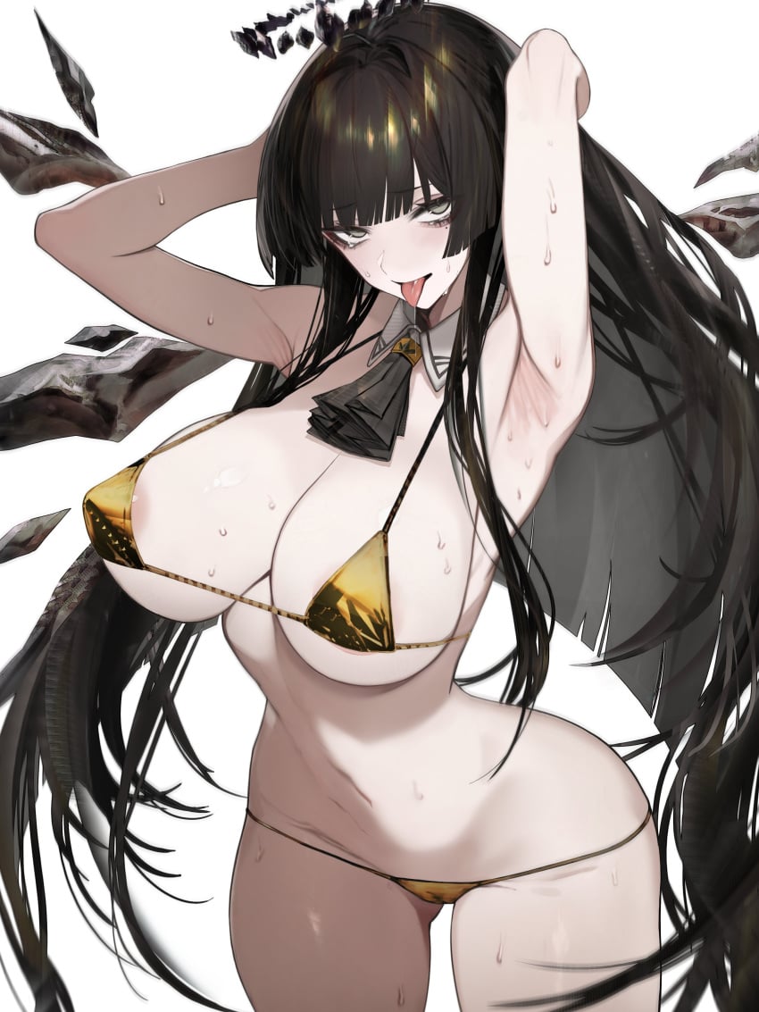 1girls areola_slip arknights armpits arms_behind_head bikini blunt_bangs bowtie_collar cameltoe detached_collar female female_human fit_female gold_bikini hourglass_figure huge_breasts human large_breasts long_hair micro_bikini mole mole_under_eye naughty_face navel pale-skinned_female slim_waist steam sweat swimsuit thick_thighs tongue tongue_out very_long_hair very_sweaty virtuosa_(arknights) vxdrq white_background wide_hips