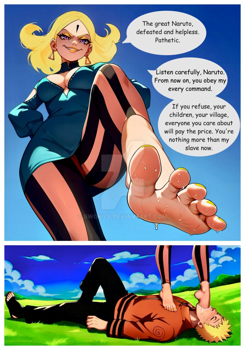 ai_generated barefeet barefoot blonde_female blonde_hair boruto:_naruto_next_generations breasts cleavage cyborg defeated_hero delta_(boruto) dominant dominant_female domination dominatrix enslaved feet foot_fetish foot_gagging foot_on_mouth foot_slave foot_suck forehead_mark gagging green_dress hokage leggings looking_down low-angle_view male_slave naruto naruto_(series) painted_toenails pink_eyes slave smirk standing_on_one_leg standing_on_person stepped_on stepping_on_chest stepping_on_person sweat sweatdrop sweaty sweaty_feet toes trample trampled trampling uzumaki_naruto verbal_degradation verbal_domination victorious_villainess villainess