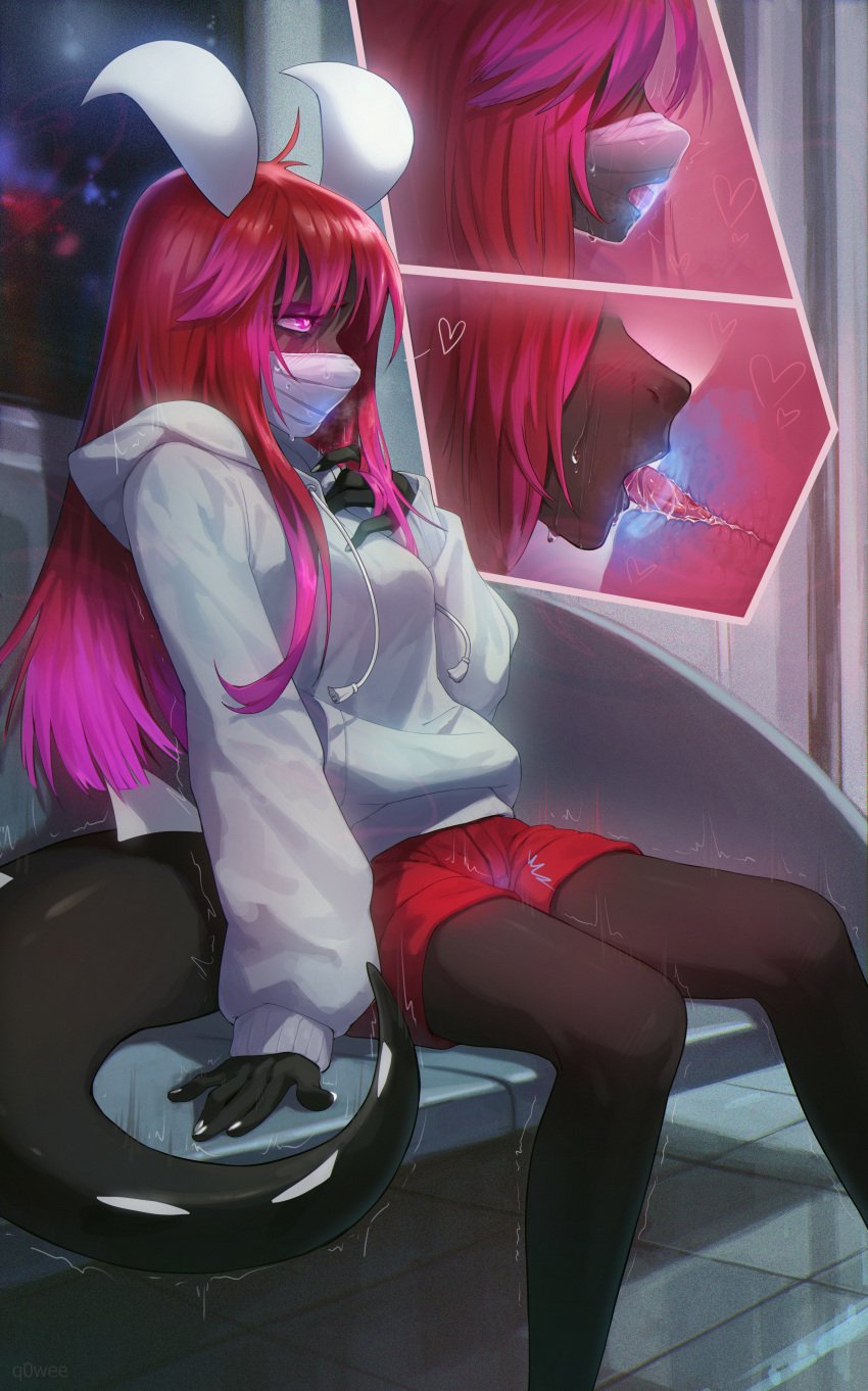 absurd_res anthro ara_drakon autocunnilingus bottomwear clothing dragon female hair heart_eyes heart_symbol hi_res highlights_(coloring) hoodie horn licking mask masturbation mythological_creature mythological_scalie mythology oral oral_masturbation panties pink_highlights portal portal_panties q0wee red_hair scalie self_lick shaking shivering shorts sitting solo thinking_with_portals tongue topwear train underwear vaginal_masturbation vaginal_penetration vehicle