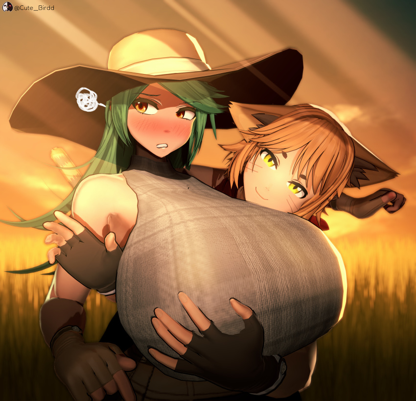 1boy 1girls 3d 3d_(artwork) big_breasts blush blushing_profusely breasts breasts_bigger_than_head catboy cute_birdd embarrassed hand_on_breast huge_breasts hugging_from_behind koikatsu light-skinned_female light-skinned_male light_skin looking_at_viewer massive_breasts original outdoors outside saku_shurmai smug tagme