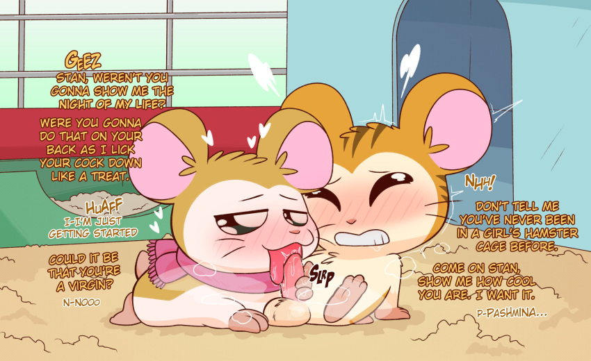 blush closed_eyes cricetid crushpepper detailed_background english_text fellatio female feral genitals half-closed_eyes hamster hamtaro_(series) hi_res licking male male/female mammal narrowed_eyes oral pashmina_(hamtaro) penile penis penis_lick rodent scarf sex stan_(hamtaro) tagme text tongue