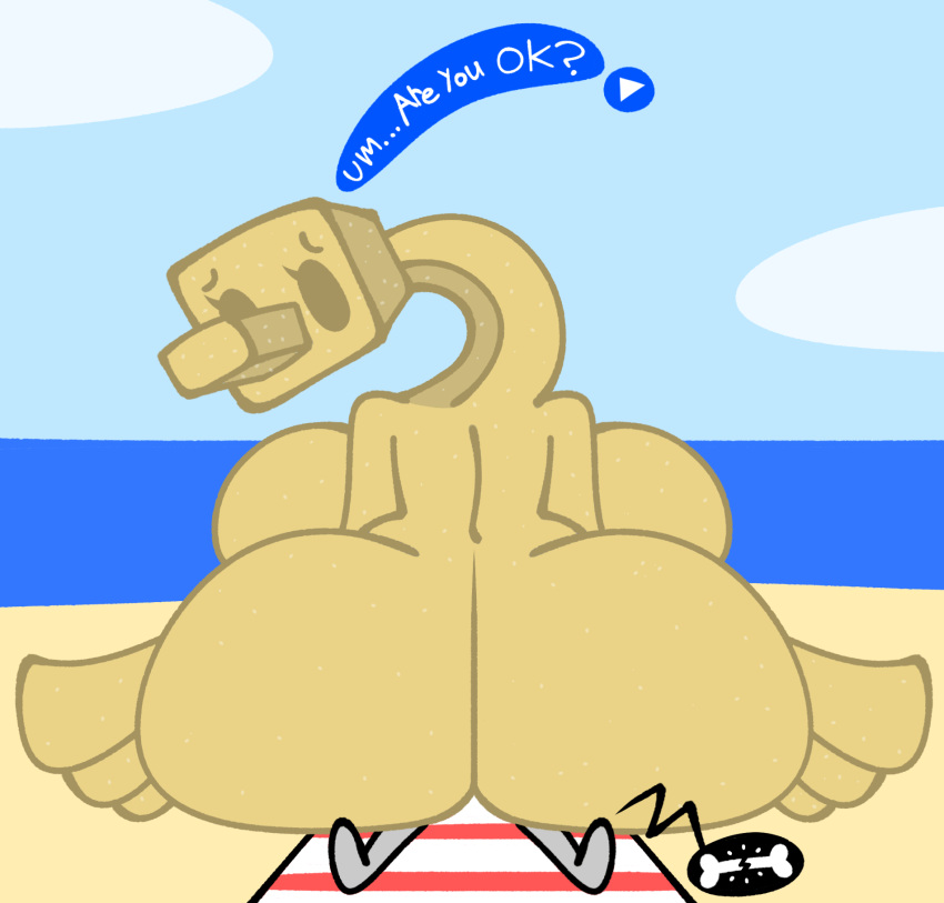 anthro ass avian beach beach_towel big_butt bird bone_breaking butt_crush crush dialogue faceless_character faceless_male female first_porn_of_character hi_res huge_butt hyper hyper_butt macro male mario_bros nintendo sand sand_bird_(mario) sandy_(skeletonhearts) sea skeletonhearts solo speech_bubble super_mario_sunshine towel water worried