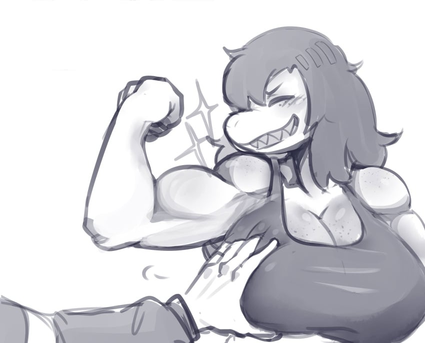 1boy 1boy1girl 1girls artist_request big_breasts breast_grab cleavage deltarune fangs female flexing flexing_bicep funny go_on_feel_it_(meme) groping groping_breasts hi_res kris_(deltarune) male medium_hair meme monochrome muscular muscular_female scalie scalie_humanoid sharp_teeth short_hair susie_(deltarune) tank_top tomboy white_background