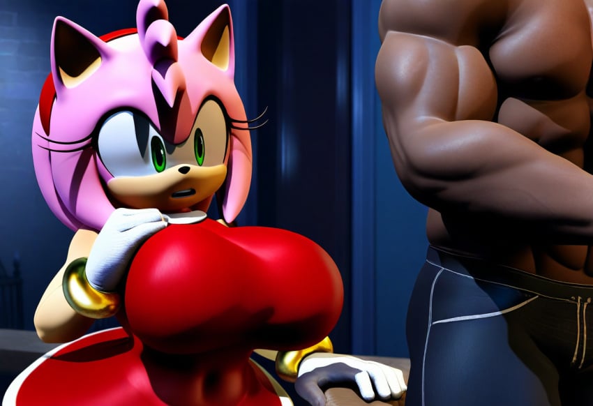 1boy 1girls 3d 3d_(artwork) admiring ai_generated amy_rose big_breasts curvaceous curvy female furry furry_female mullon muscular_male novelai sega sonic_(series) thick_thighs voluptuous_female