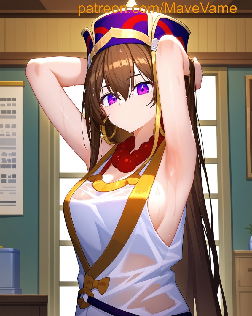 ai_generated armpits brown_hair earrings fate/grand_order fate_(series) hands_behind_head purple_eyes xuangzang_sanzang_(fate) xuanzang_(fate)