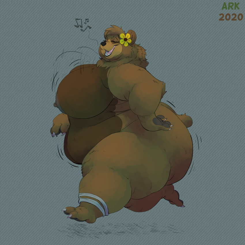 accessory anthro arkveveen_(artist) bear big_breasts breasts brown_bear claws female flower flower_in_hair hair hair_accessory hi_res mammal morbidly_obese morbidly_obese_female nipples nude obese obese_female open_mouth overweight overweight_female paws plant simple_background singing smile solo sonnie_bear standing thick_thighs ursine