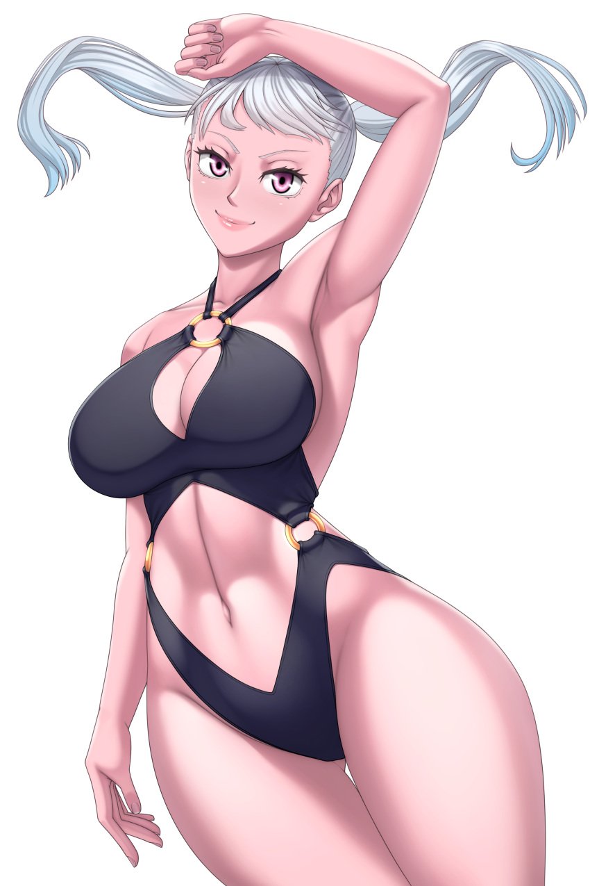 1girls arm_up armpits big_breasts black_clover breasts cleavage female_only large_breasts looking_at_viewer noelle_silva partially_nude purple_eyes rocky-ace silver_hair smile swimsuit thick_thighs thighs twintails white_background wide_hips